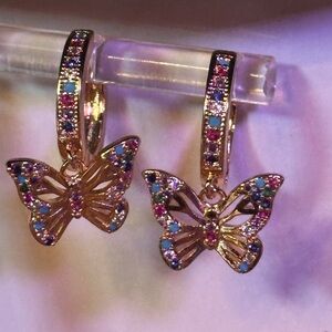 Earrings Dangle Butterfly Multicolored Stones Goldtone